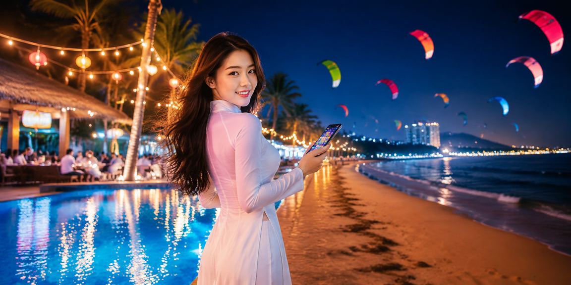 Người chơi cá cược tại biển Mũi Né với tà áo dài truyền thống